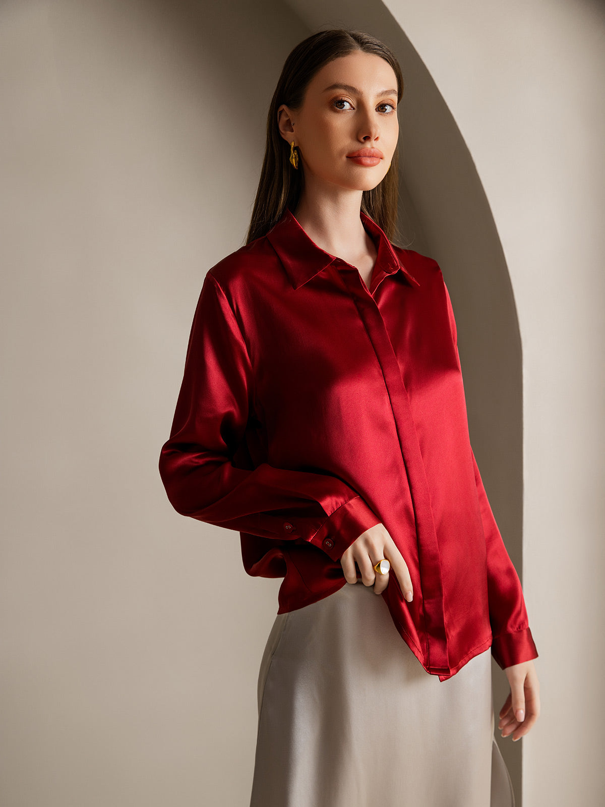 Silk Long Sleeve Lapel Collar Women's Shirt