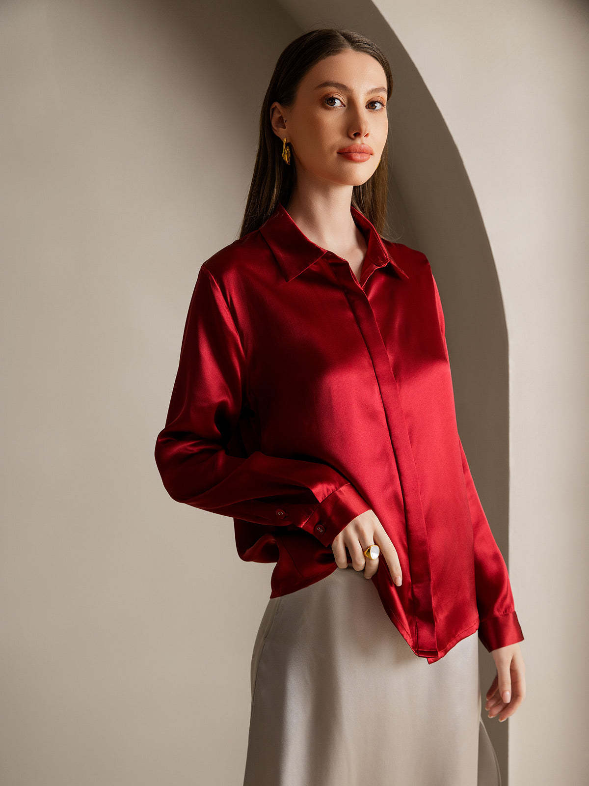 Silk Long Sleeve Lapel Collar Women's Shirt