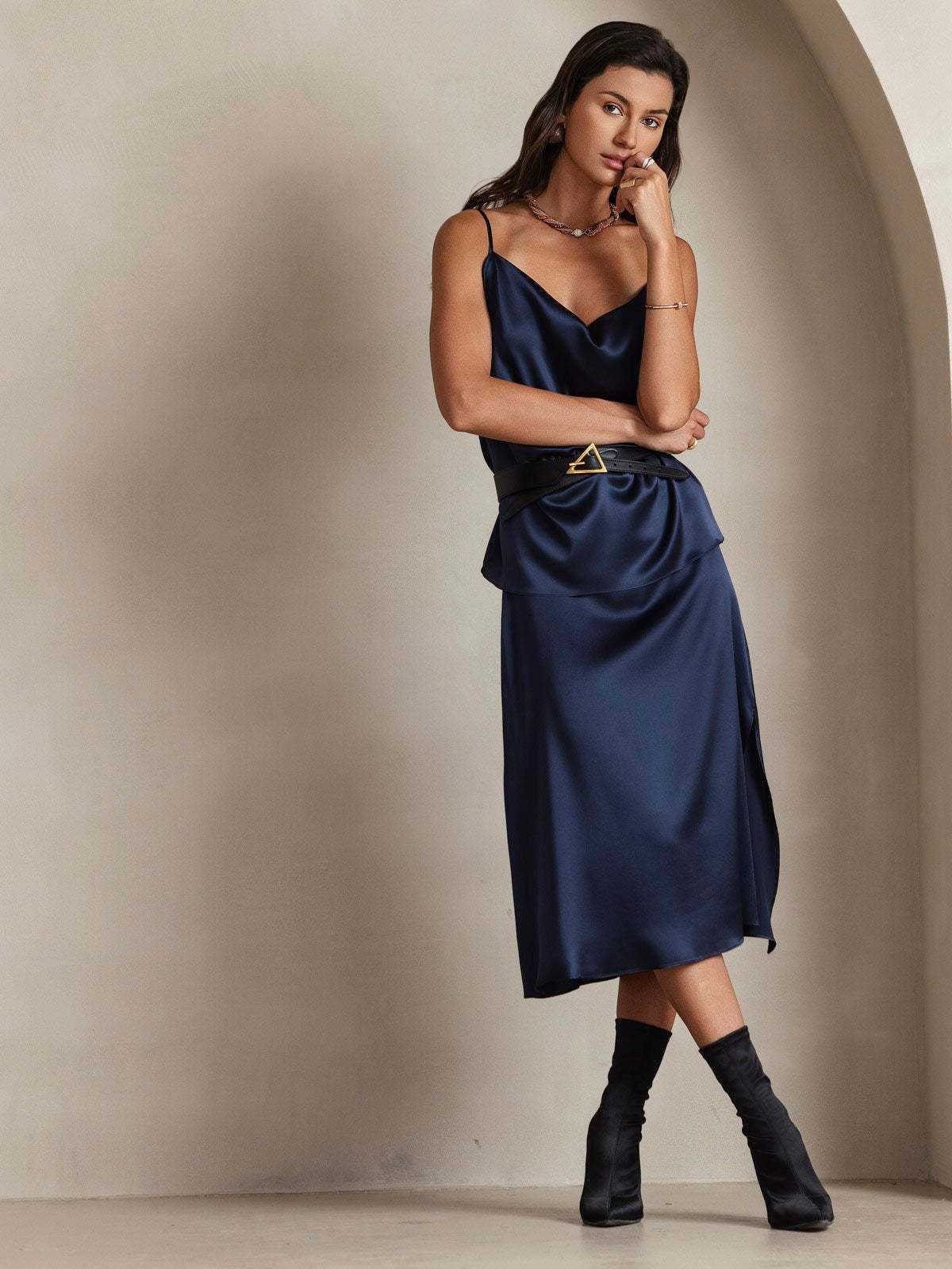Silk Spaghetti Strap Cowl Neck Camisole Top