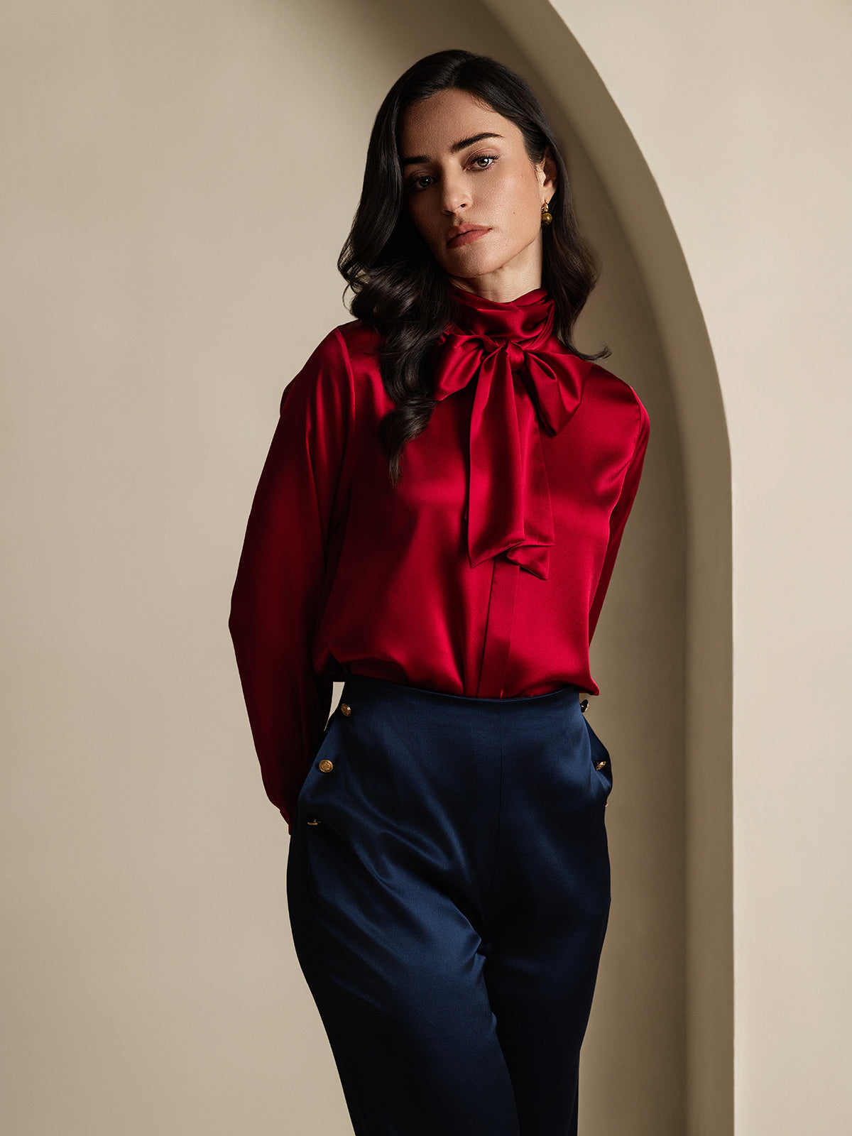 Women's Silk High Waist Pants with Back Elastic Waist Design