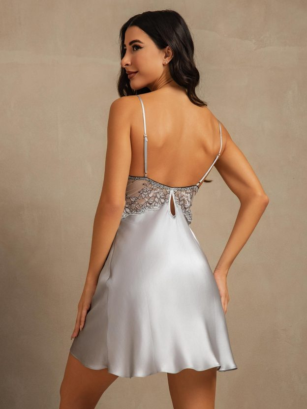 Pure Silk Spaghetti Strap V-neck Mini Nightgown with Lace Backless Design