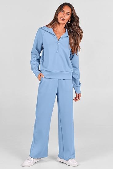 2025 New Women's Two-Piece Casual Set: Collared Half-Zip Sweatshirt paired with wide-leg pants, perfect for casual travel and vacation wear.