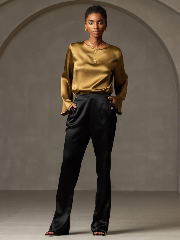 Women's Silk High Waist Pants with Back Elastic Waist Design