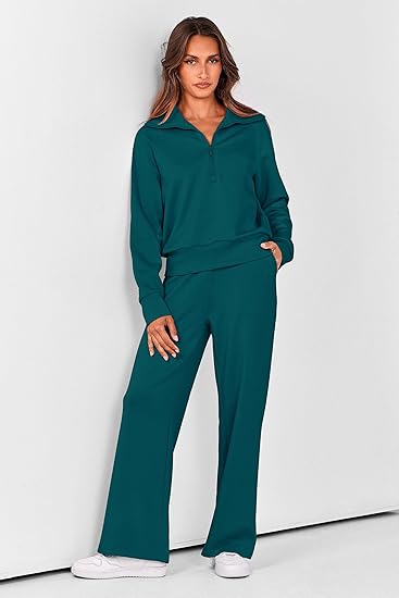 2025 New Women's Two-Piece Casual Set: Collared Half-Zip Sweatshirt paired with wide-leg pants, perfect for casual travel and vacation wear.