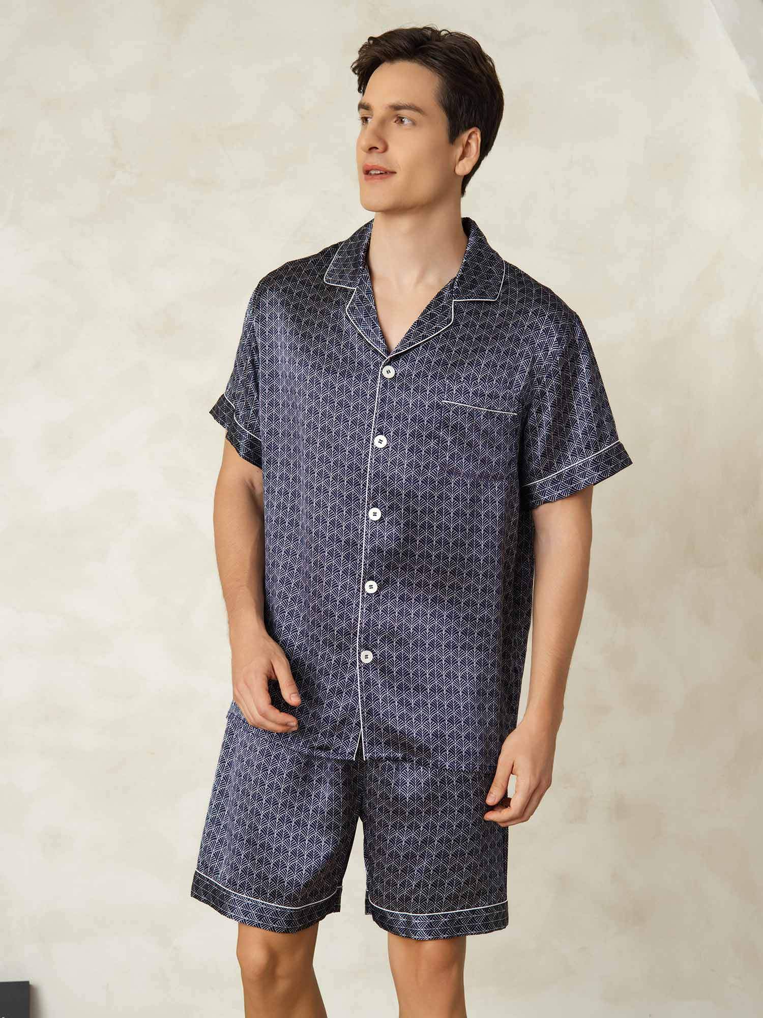 Pure Silk Geometric Pattern Men's Short Pajamas 2Pcs