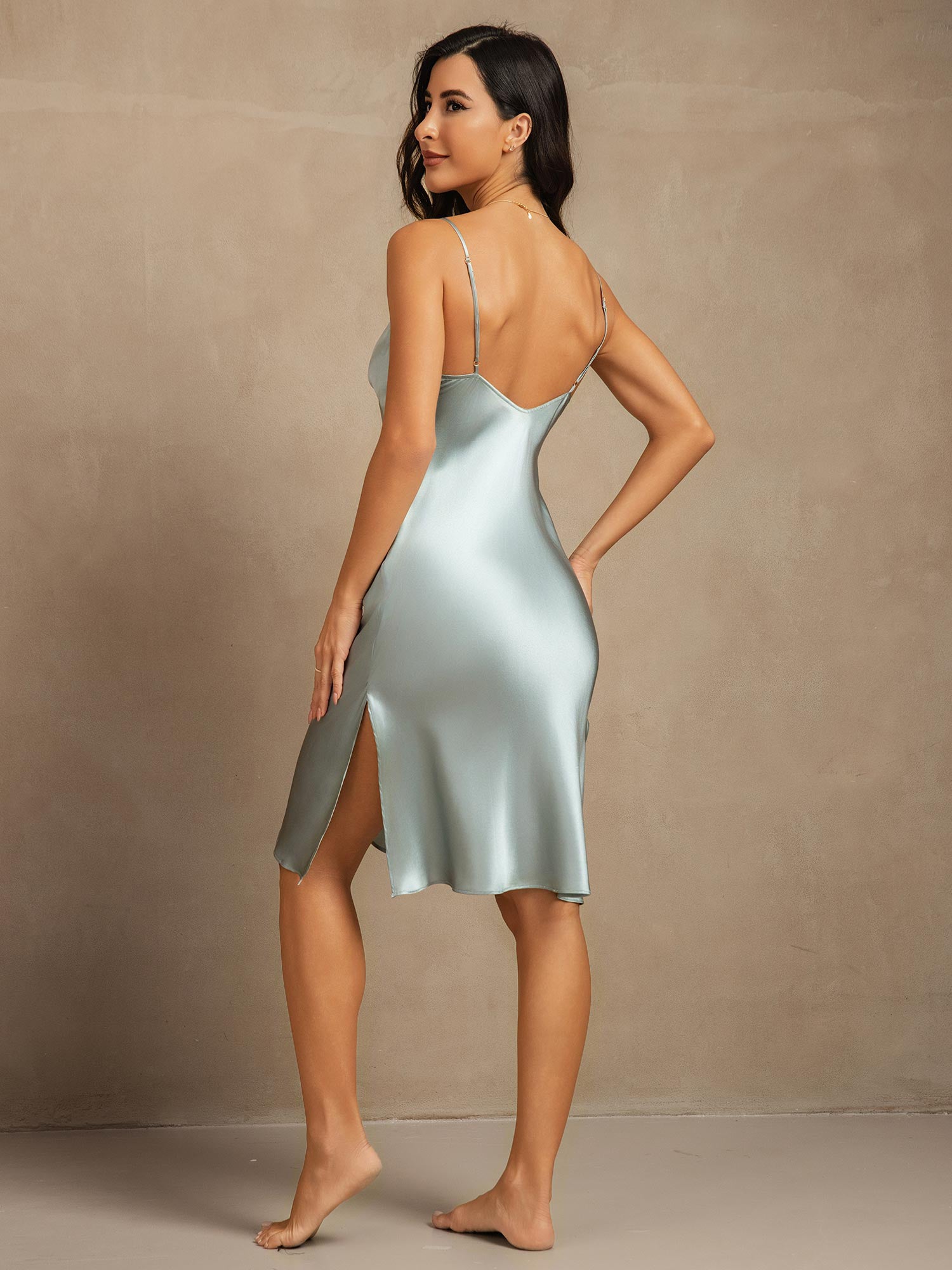 Pure Silk Trim Split Hem Spaghetti Strap Slip Dress