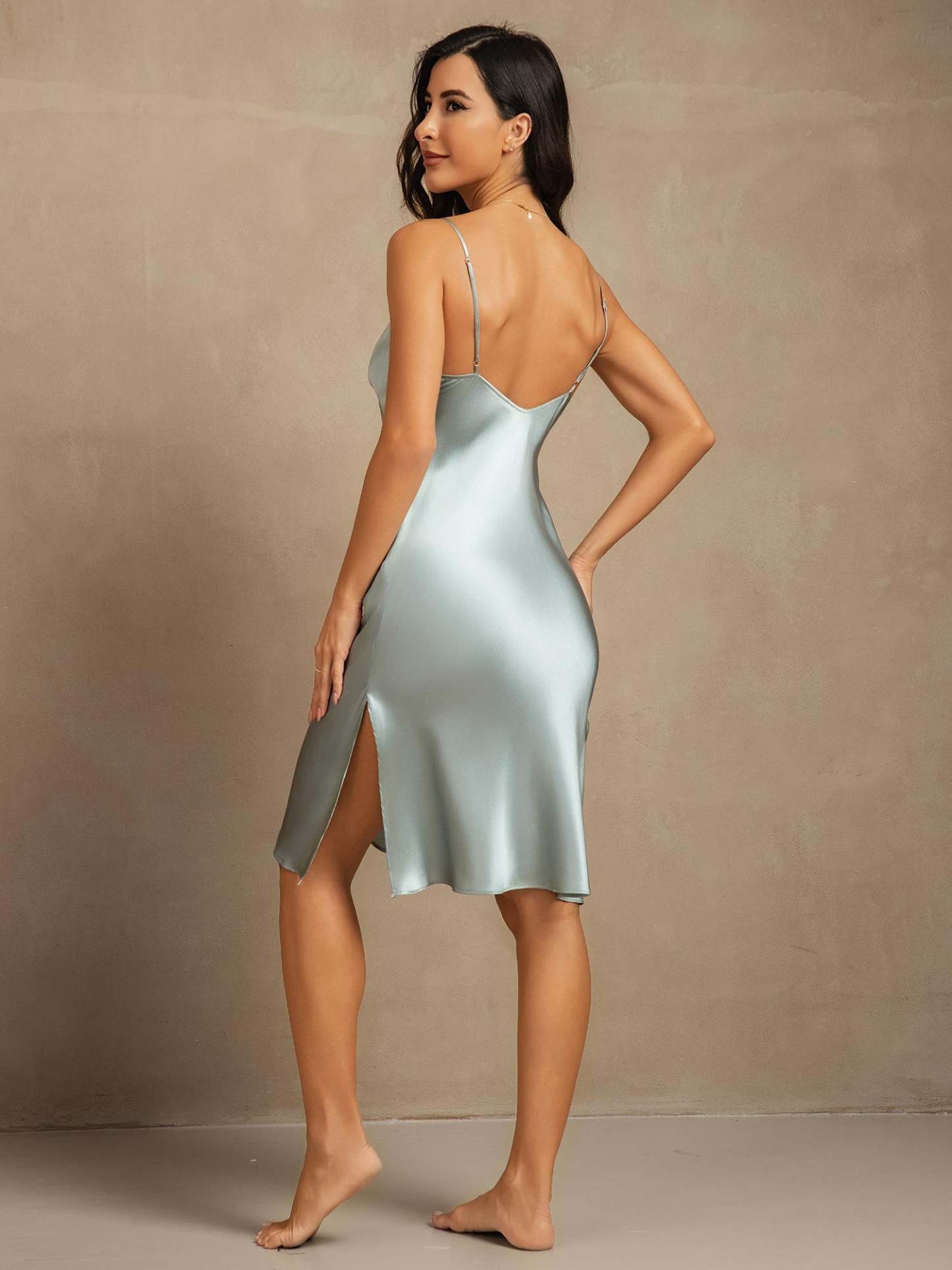 Pure Silk Trim Split Hem Spaghetti Strap Slip Dress