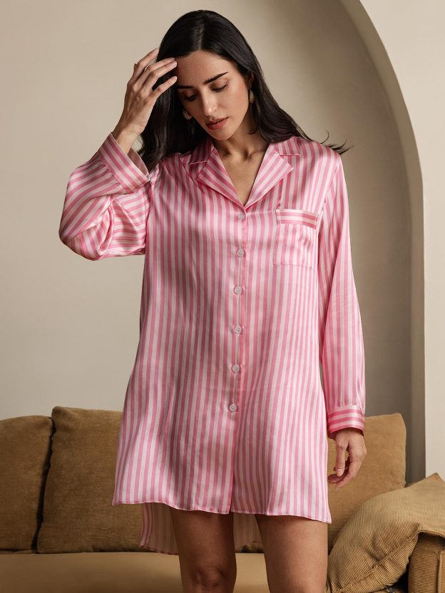 Pure Silk Stripe Print Nightshirt with High-Low Hem