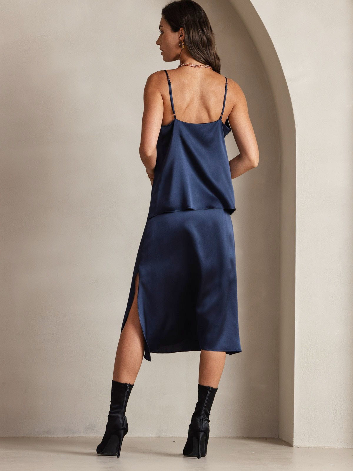 Silk Spaghetti Strap Cowl Neck Camisole Top