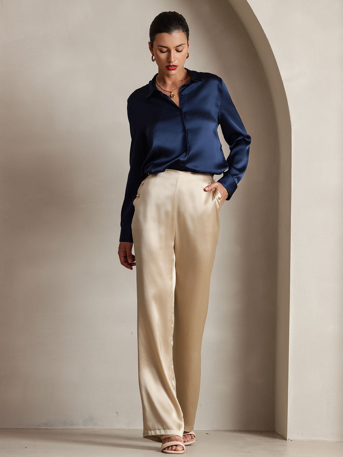Women's Silk High Waist Pants with Back Elastic Waist Design