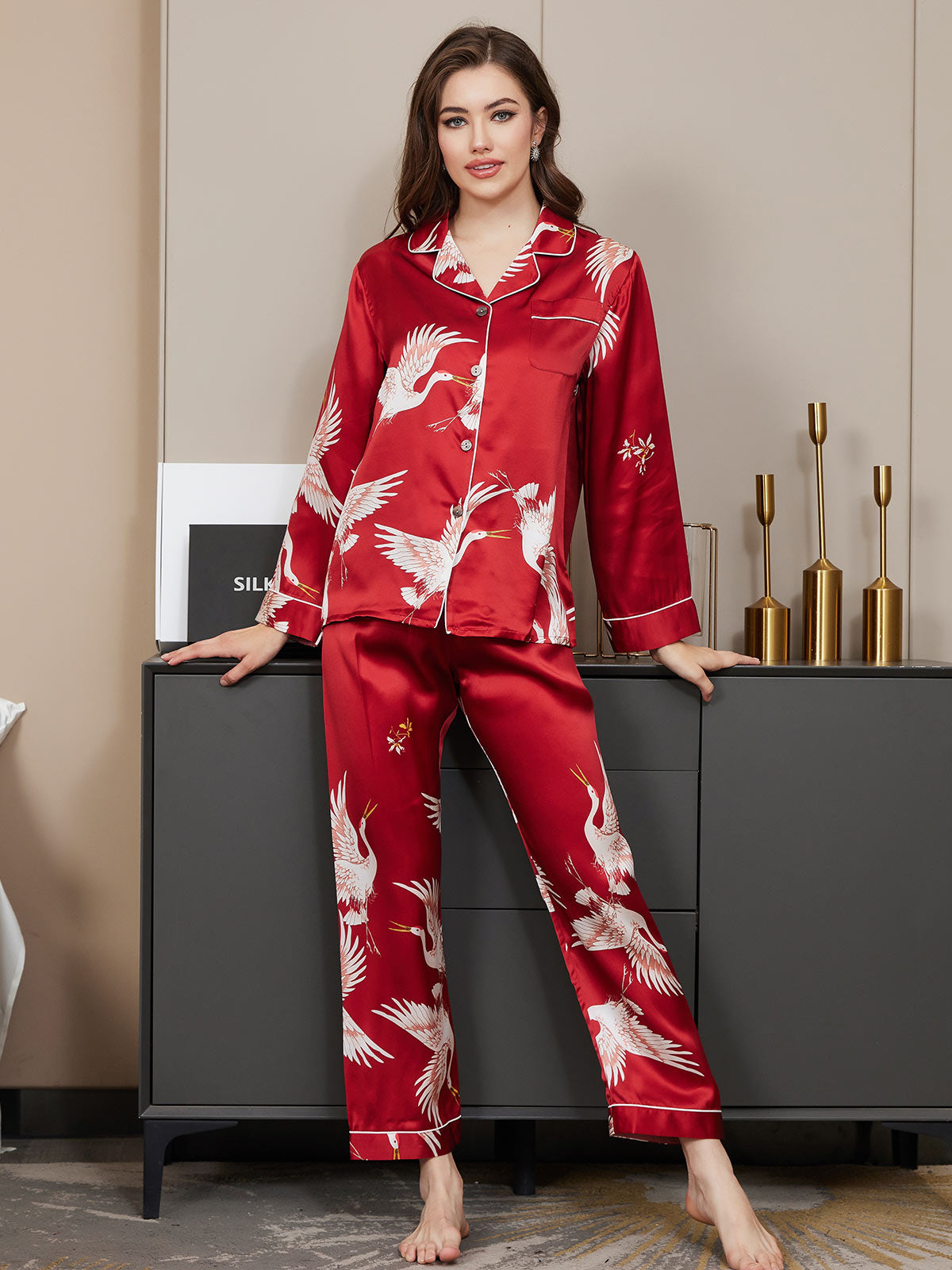 Women's 100% Mulberry Silk Crane Print Full Length Pajama Set