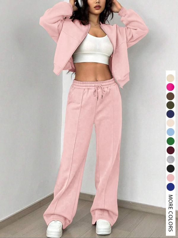 Two-piece Set Women's Solid Zip Up Drop Shoulder Jacket