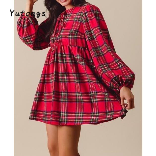 TikTokShopBlackFriday Womens Bow Long Sleeve Plaid Shift Tunic Dress Ruffle Hem Casual Swing Babydoll Mini Dress
