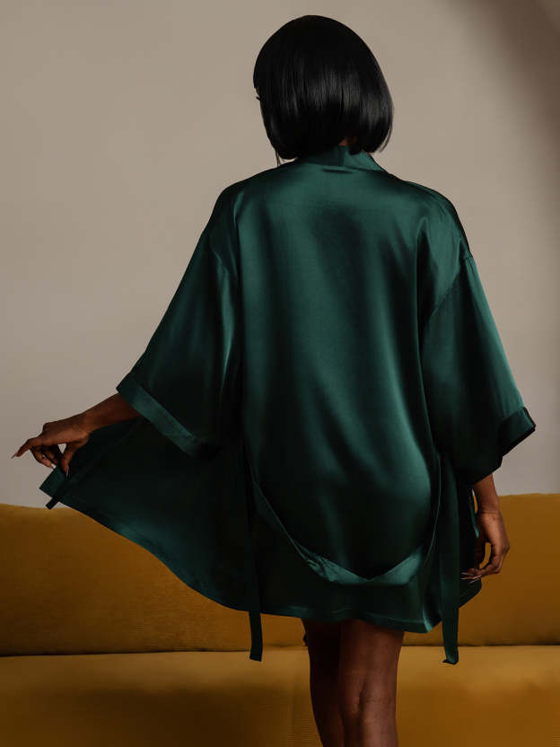Glossy Pure Silk Short Kimono Robe For Women