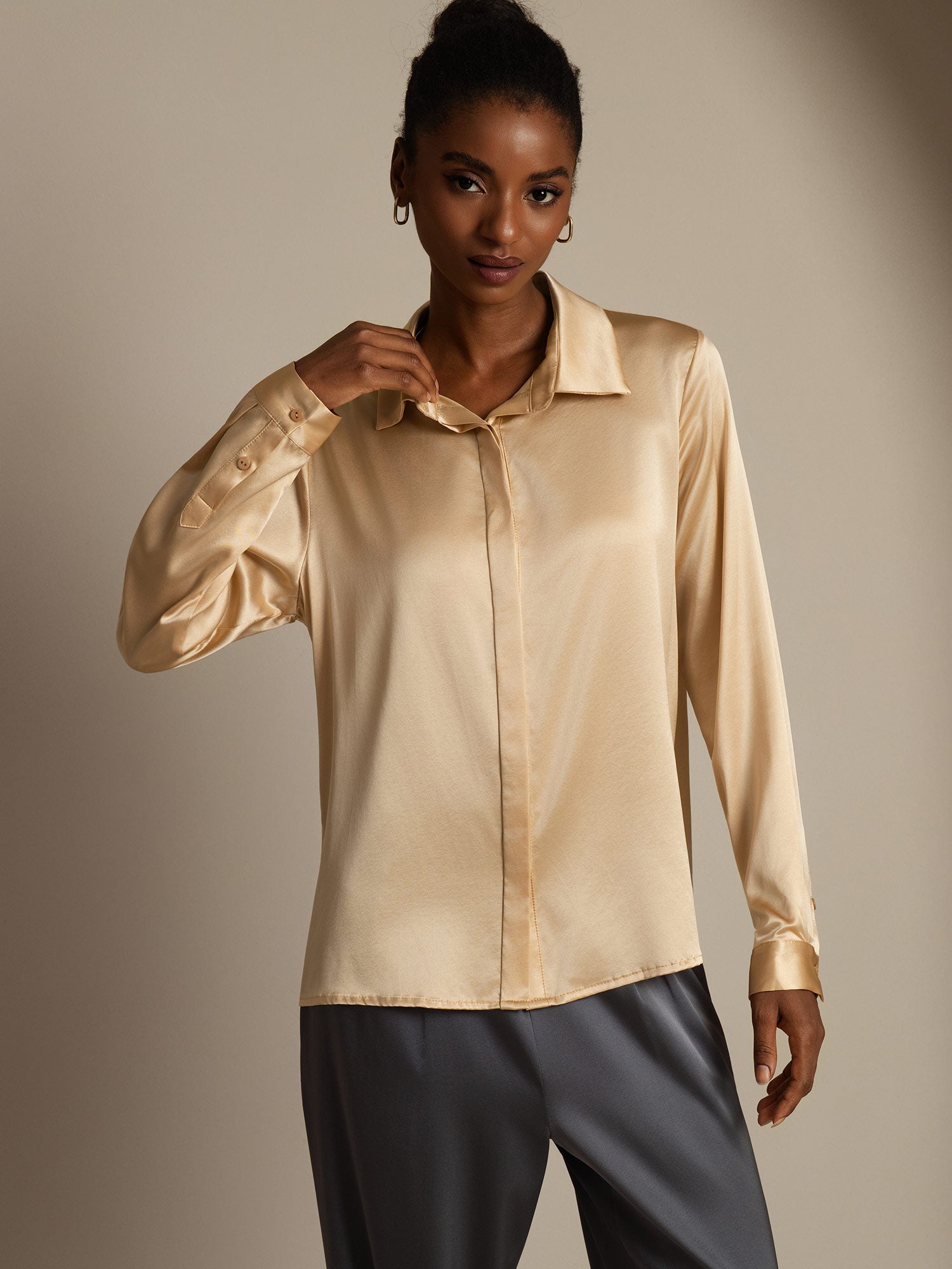Silk Long Sleeve Lapel Collar Women's Shirt