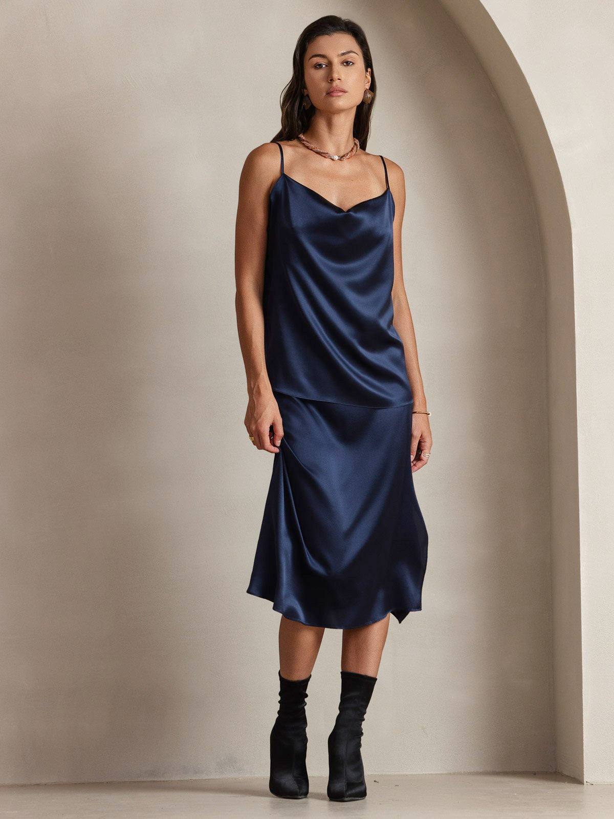Silk Spaghetti Strap Cowl Neck Camisole Top