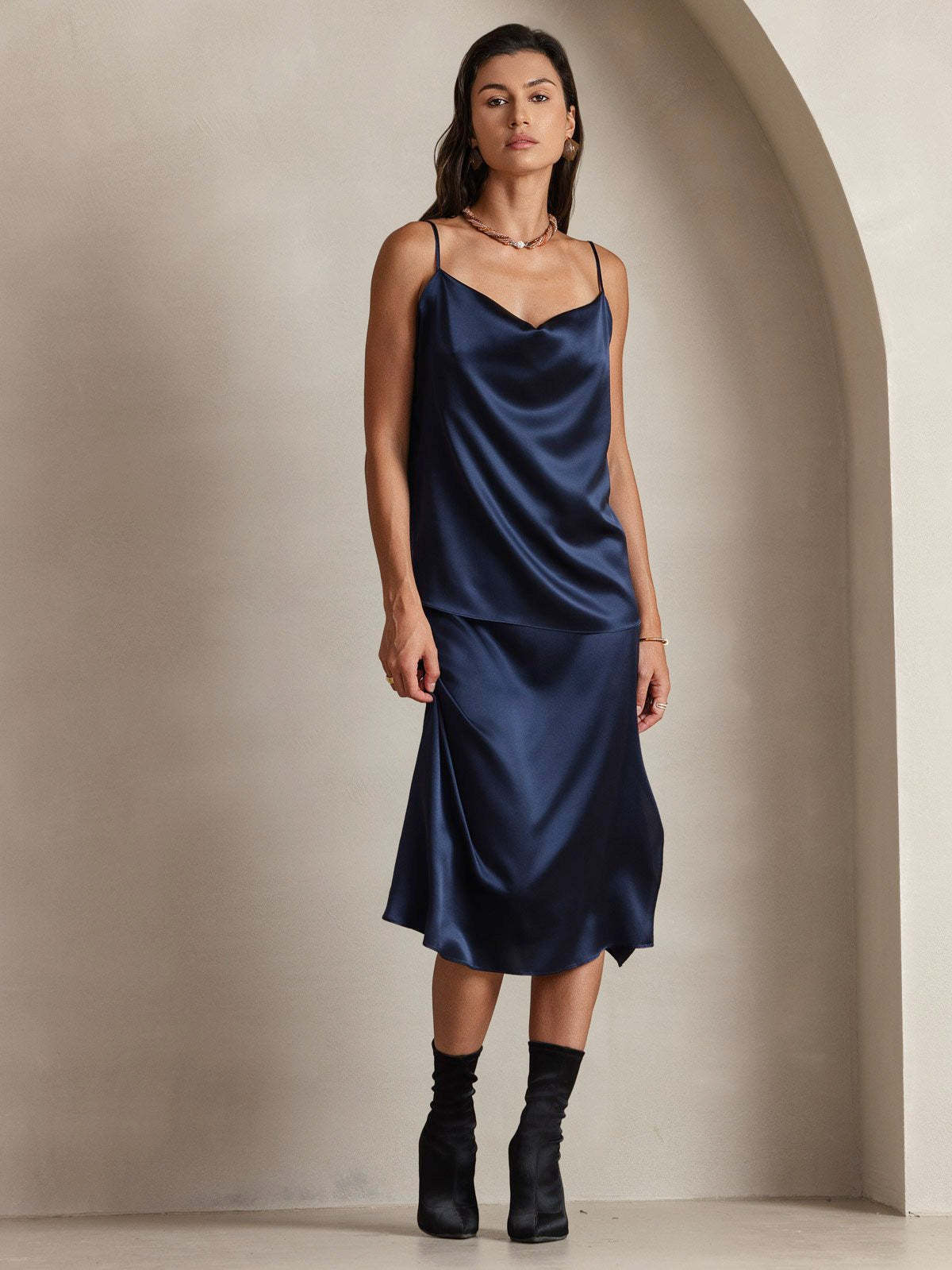 Silk Spaghetti Strap Cowl Neck Camisole Top
