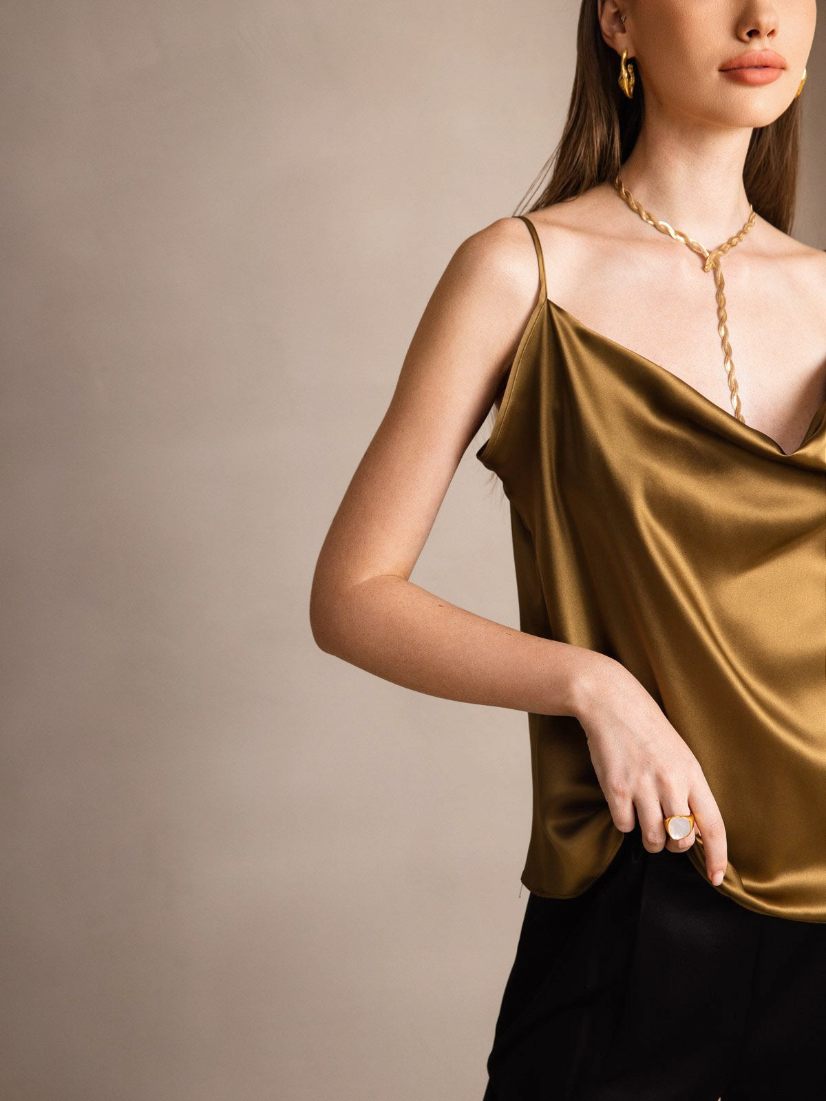 Silk Spaghetti Strap Cowl Neck Camisole Top