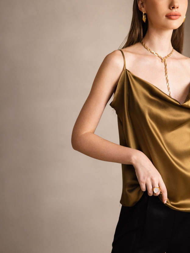 Silk Spaghetti Strap Cowl Neck Camisole Top