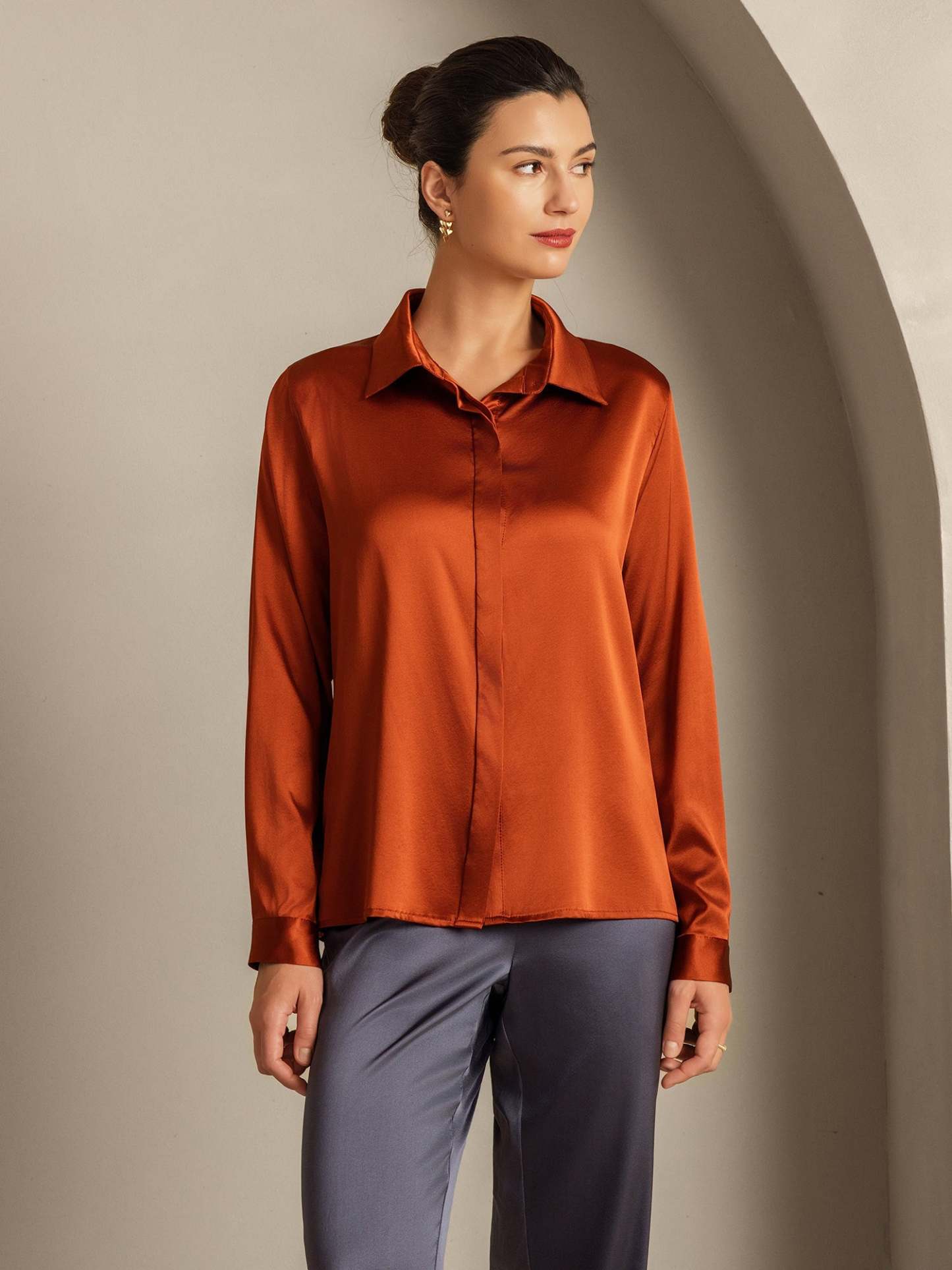 Silk Long Sleeve Lapel Collar Women's Shirt