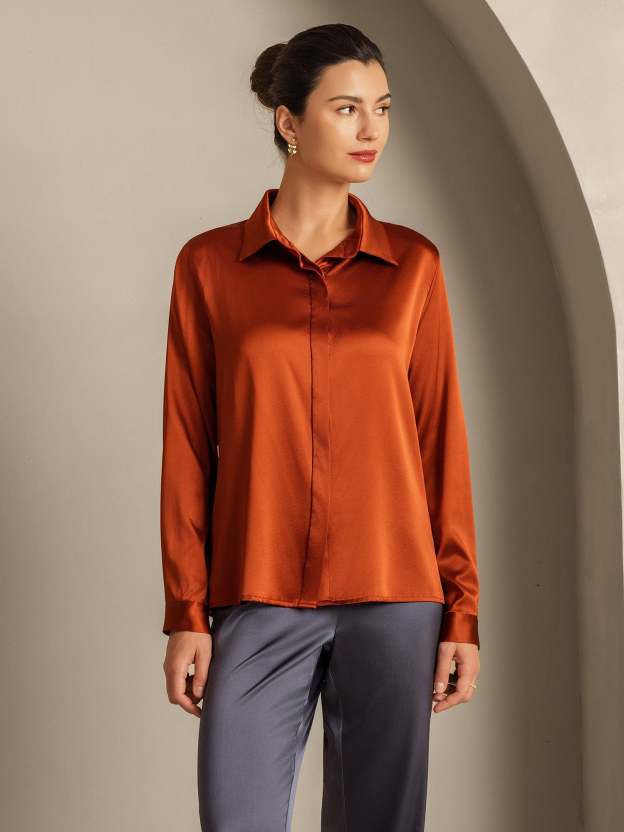 Silk Long Sleeve Lapel Collar Women's Shirt