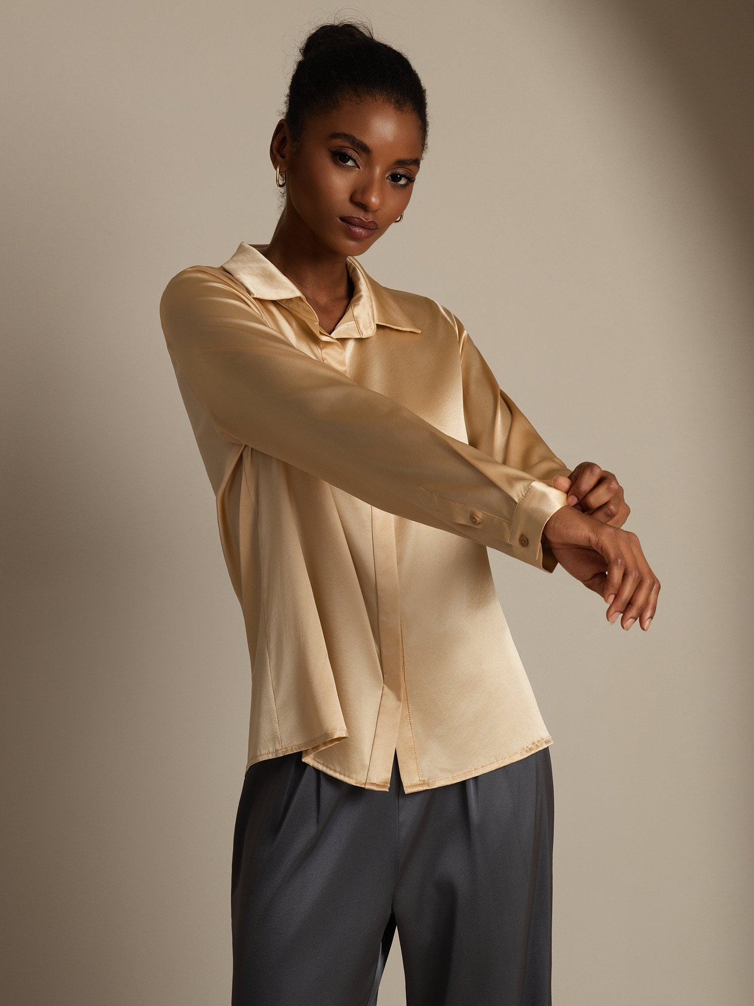 Silk Long Sleeve Lapel Collar Women's Shirt