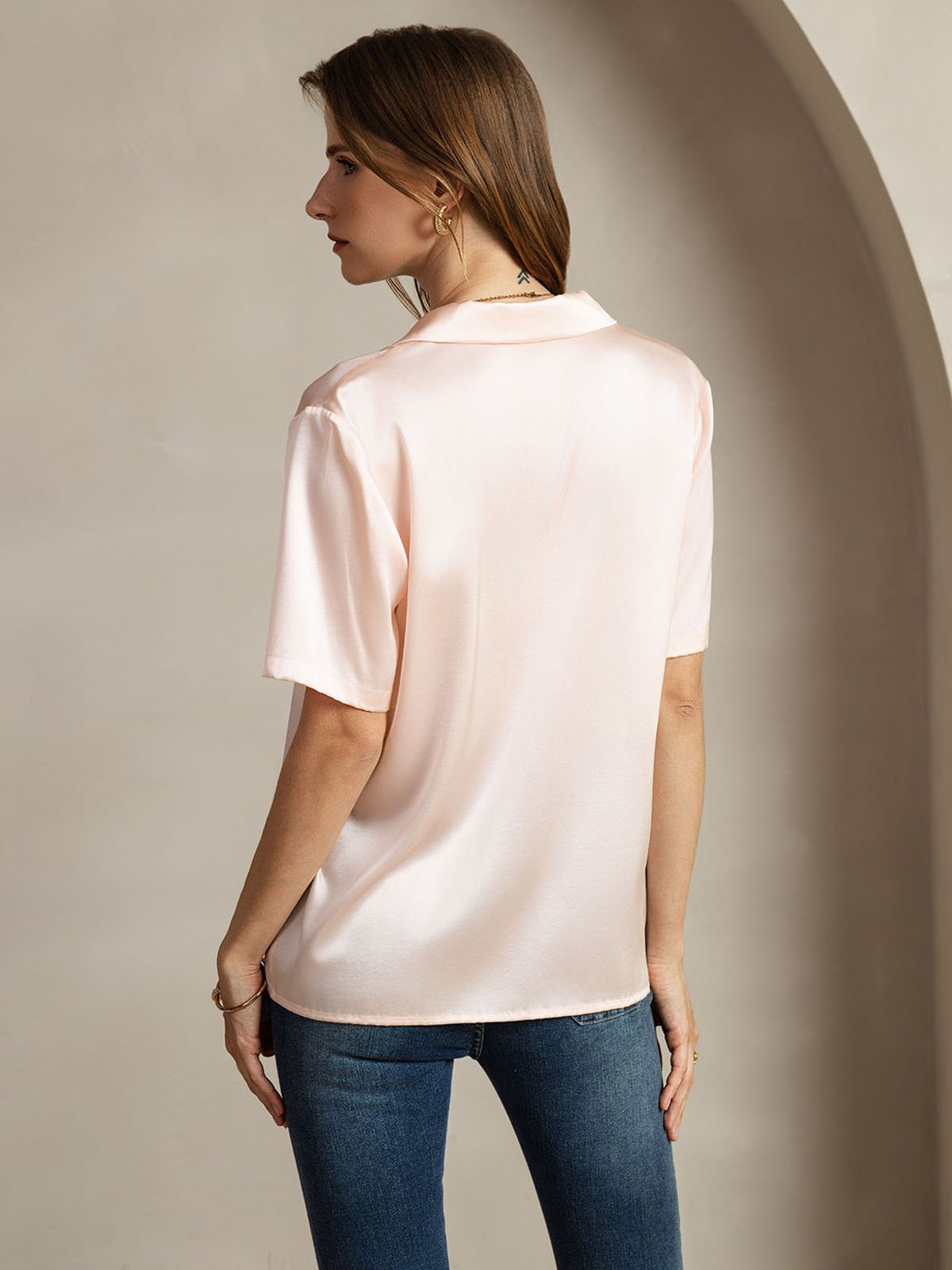 Silk Short Sleeve Notched Lapel Women's Shirt with Button Up Design