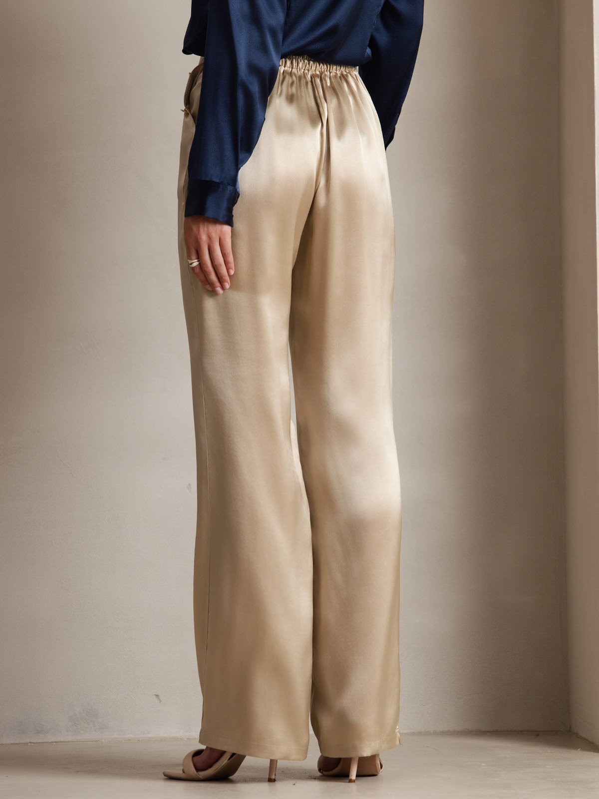 Women's Silk High Waist Pants with Back Elastic Waist Design