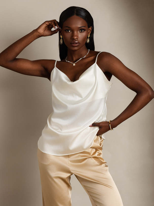 Silk Spaghetti Strap Cowl Neck Camisole Top
