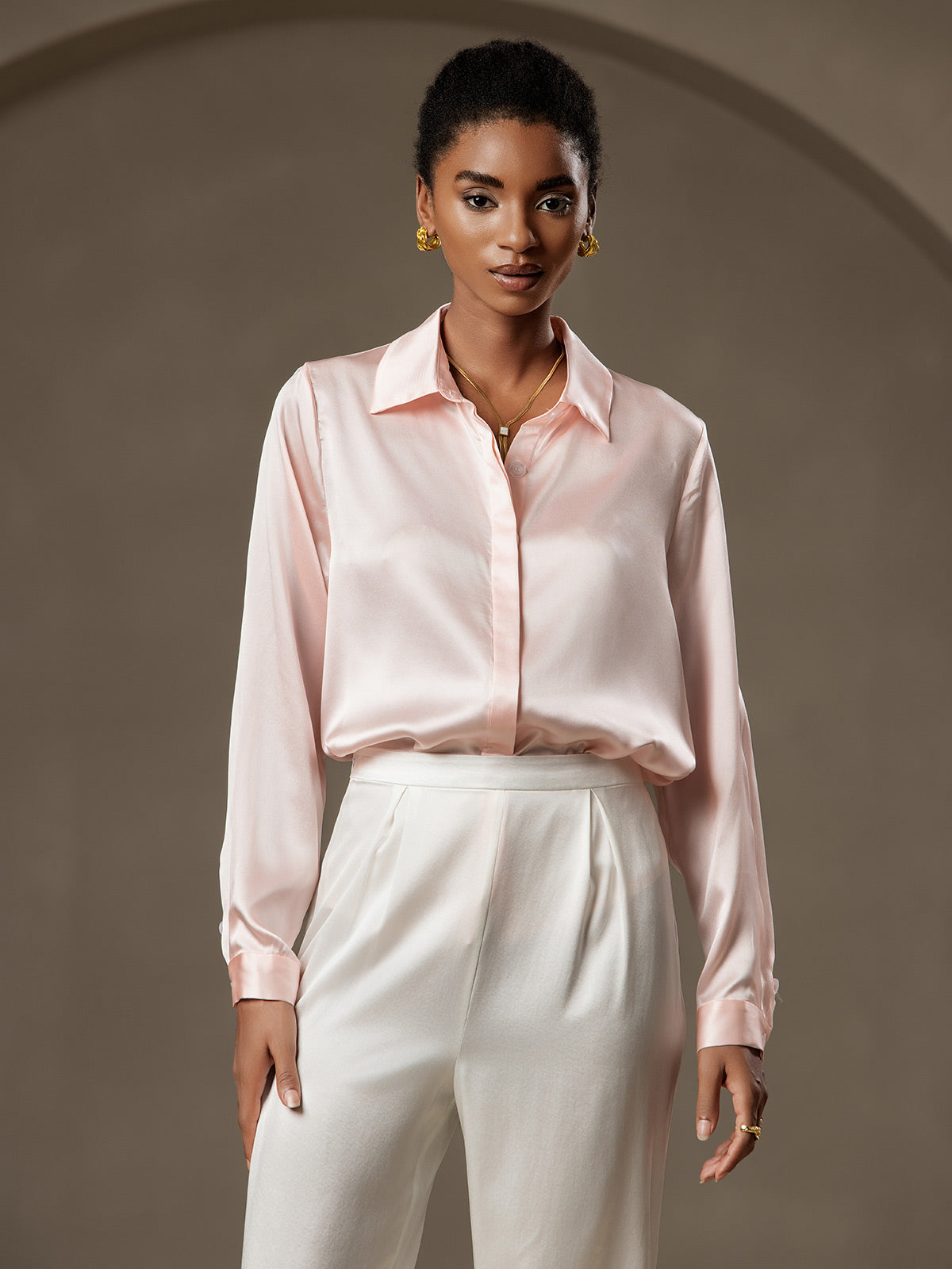 Silk Long Sleeve Lapel Collar Women's Shirt