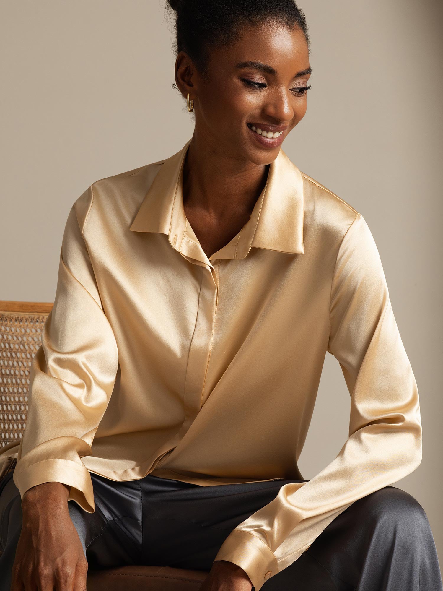 Silk Long Sleeve Lapel Collar Women's Shirt