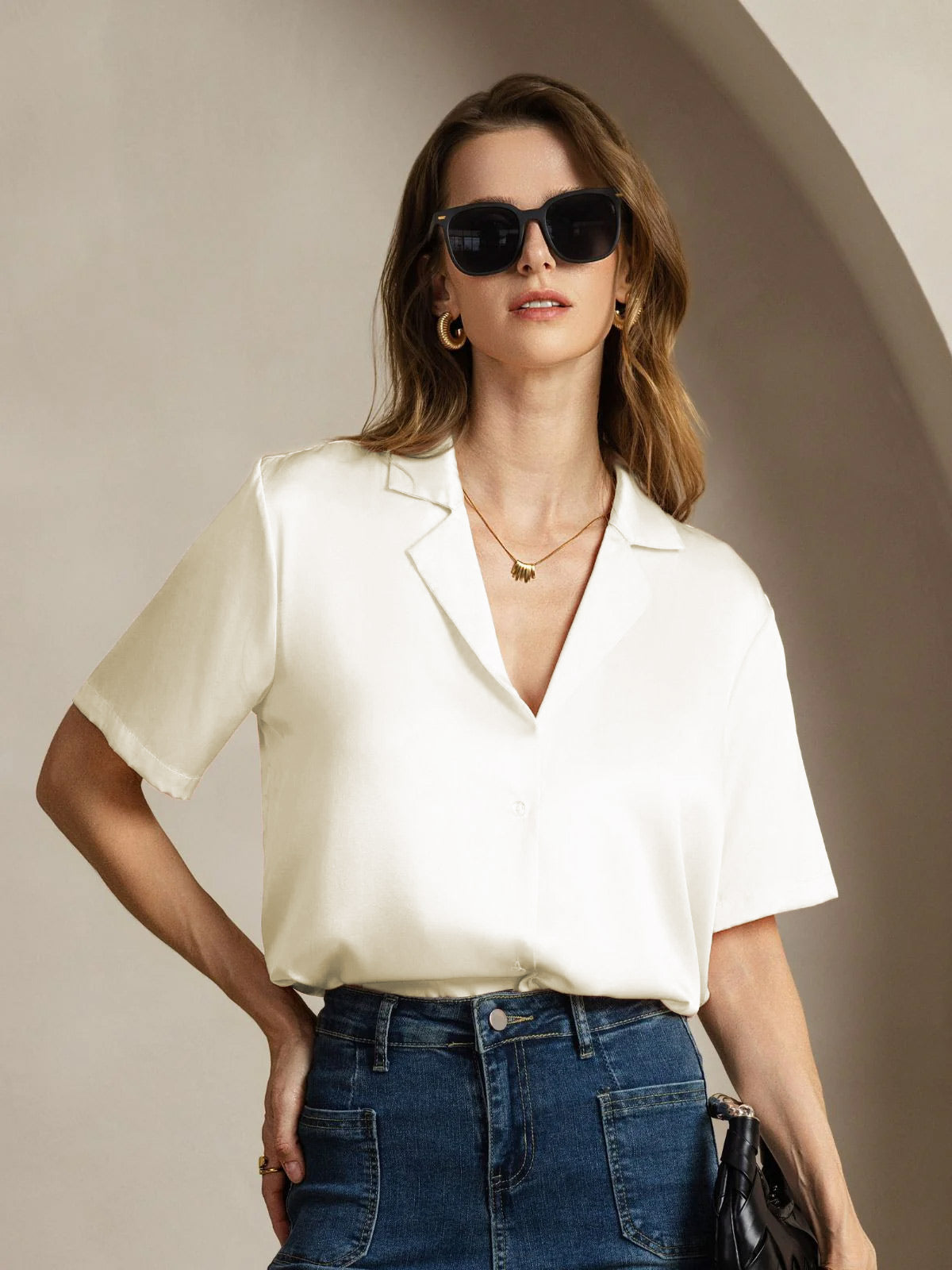 Silk Short Sleeve Notched Lapel Women's Shirt with Button Up Design