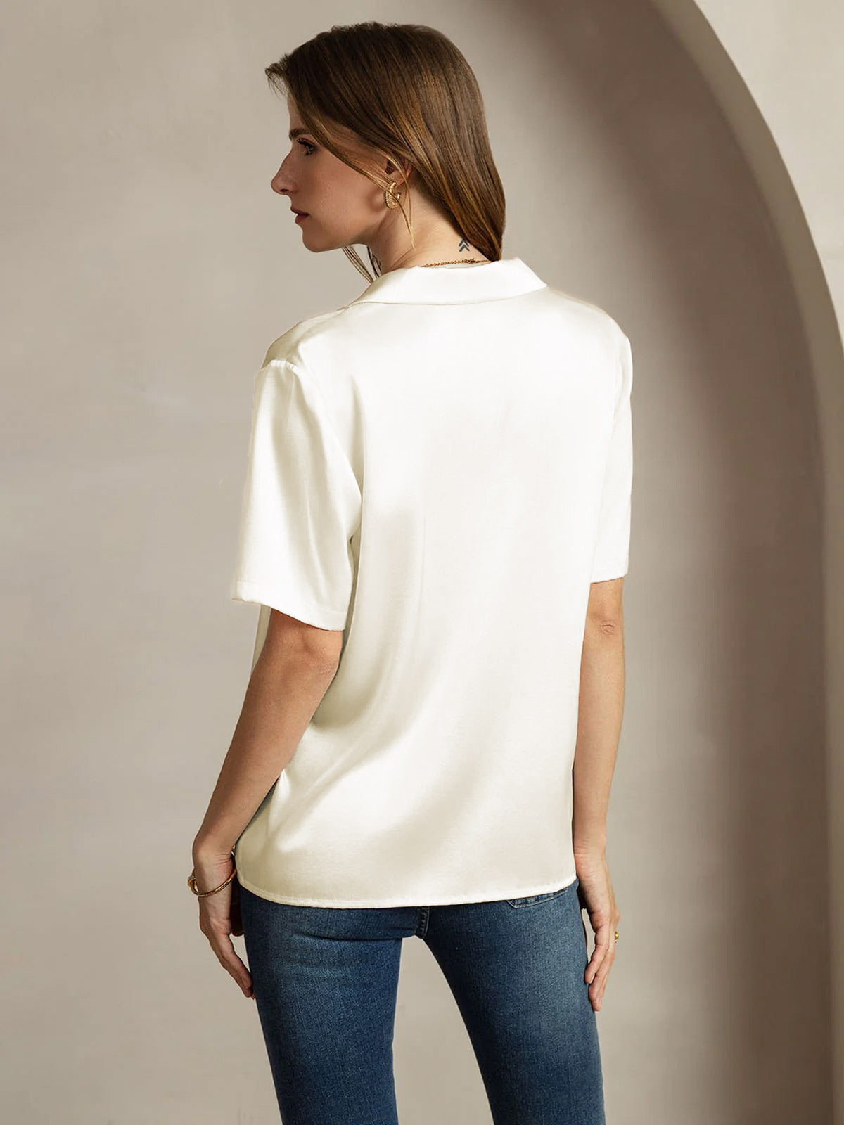 Silk Short Sleeve Notched Lapel Women's Shirt with Button Up Design