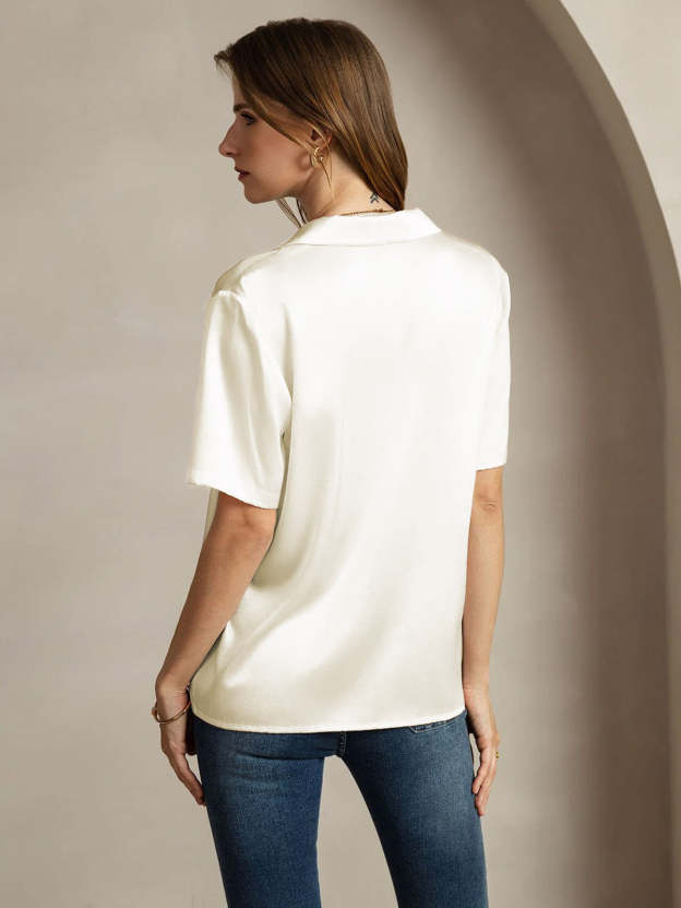 Silk Short Sleeve Notched Lapel Women's Shirt with Button Up Design