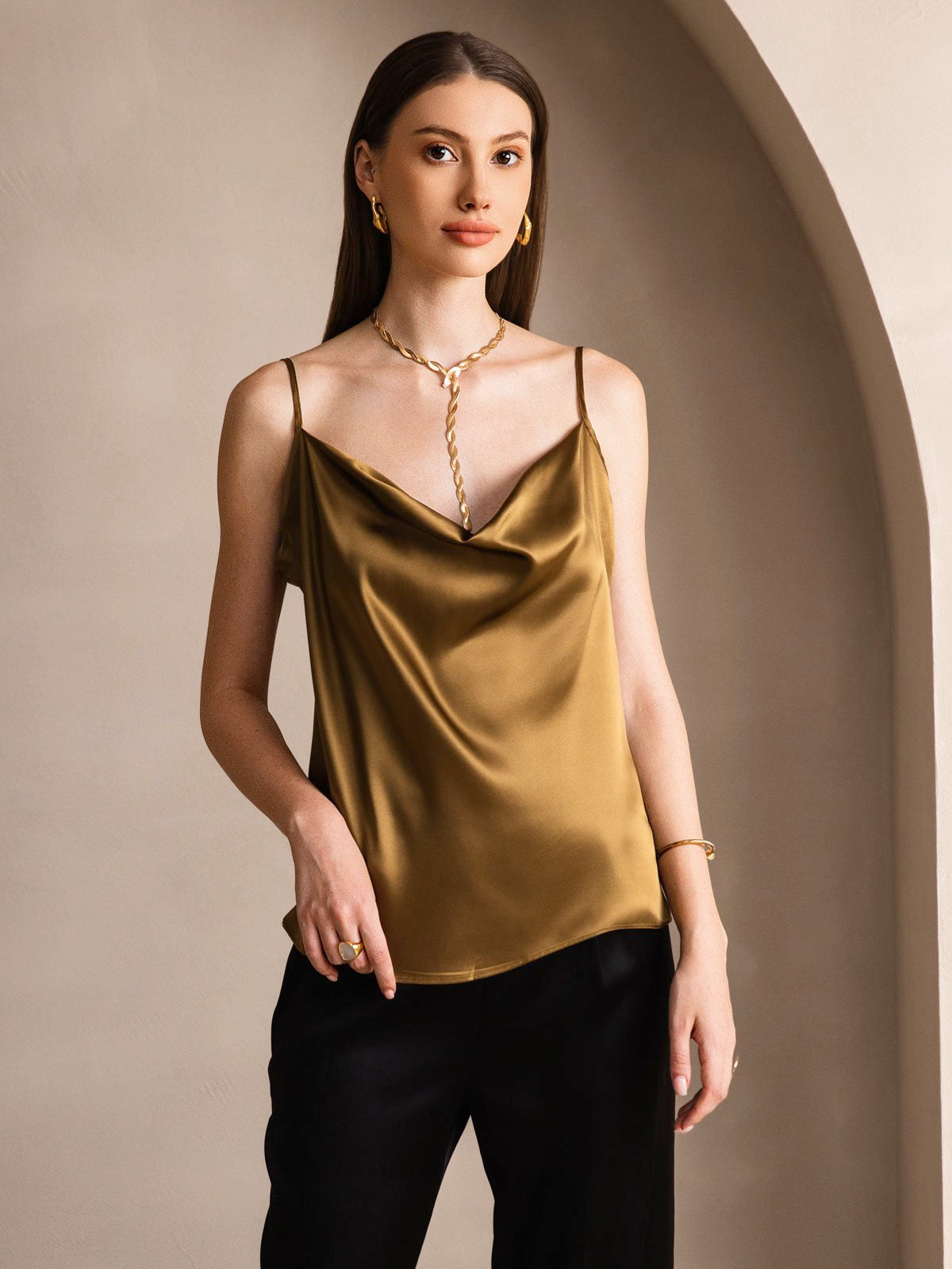 Silk Spaghetti Strap Cowl Neck Camisole Top