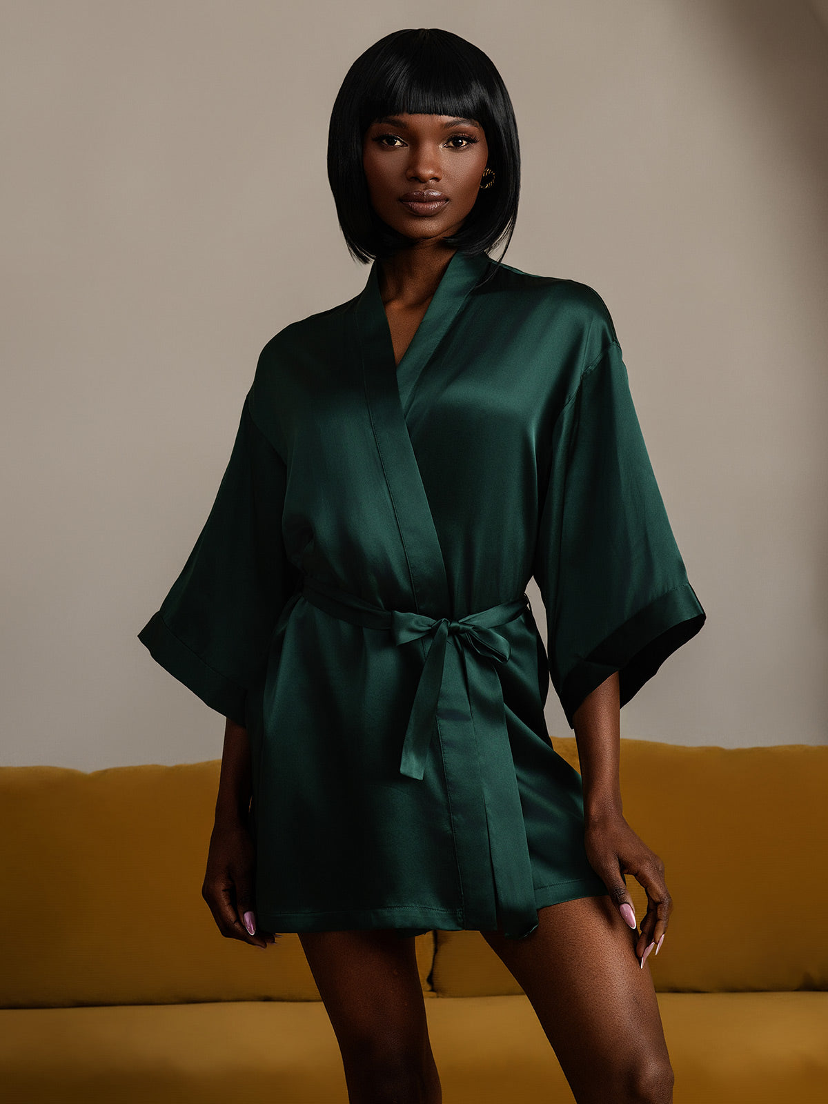 Glossy Pure Silk Short Kimono Robe For Women