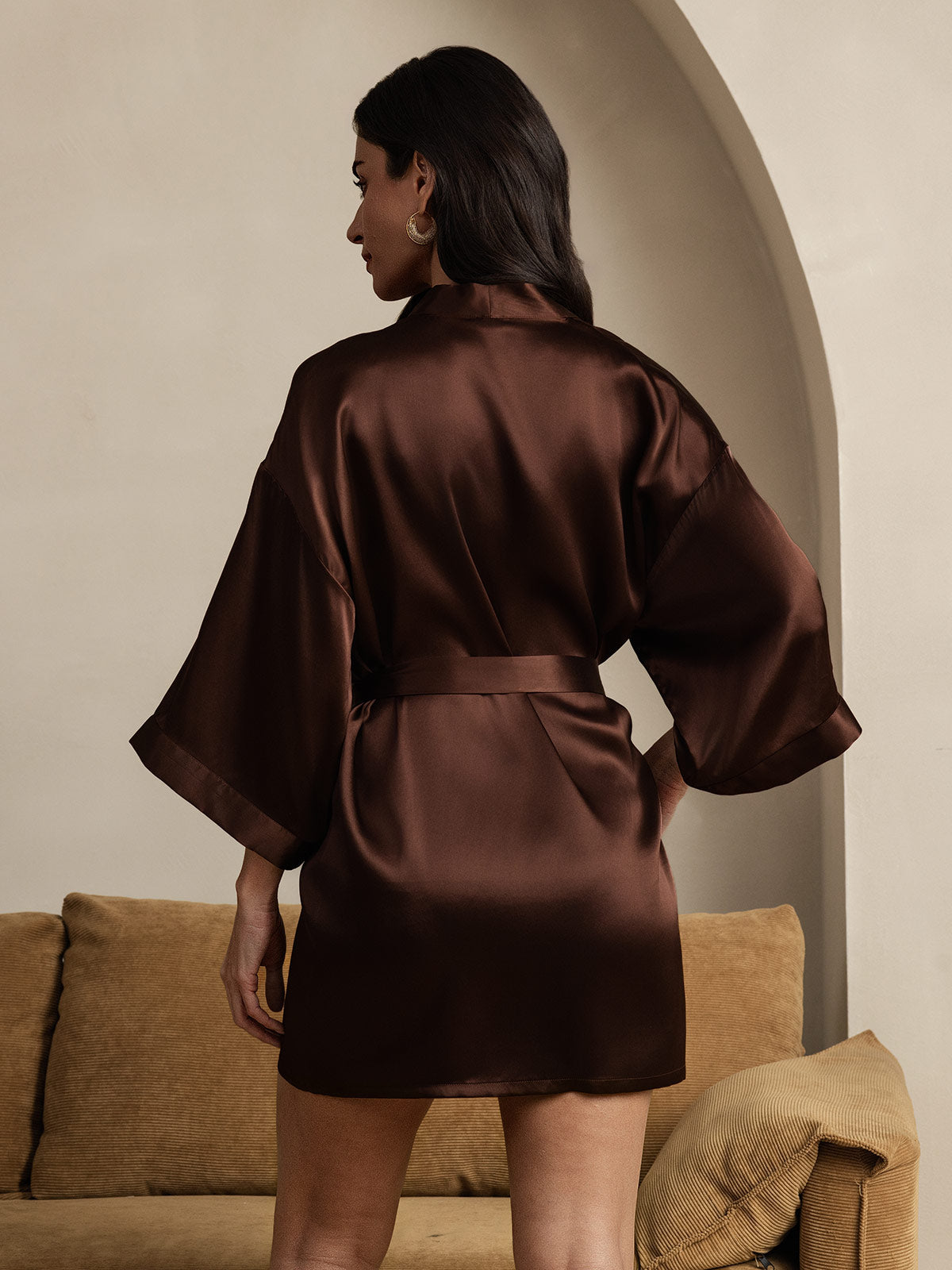Glossy Pure Silk Short Kimono Robe For Women