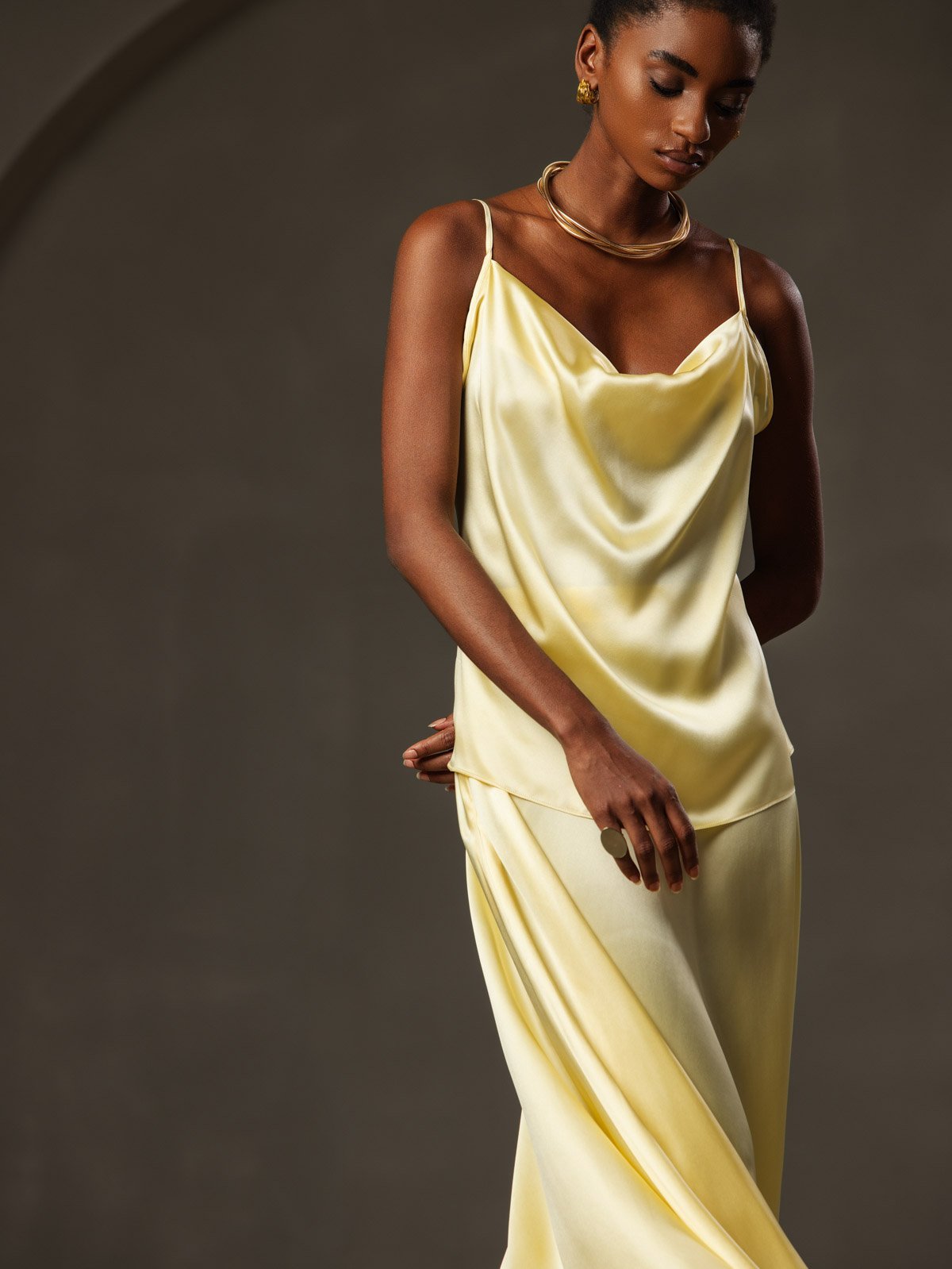 Silk Spaghetti Strap Cowl Neck Camisole Top