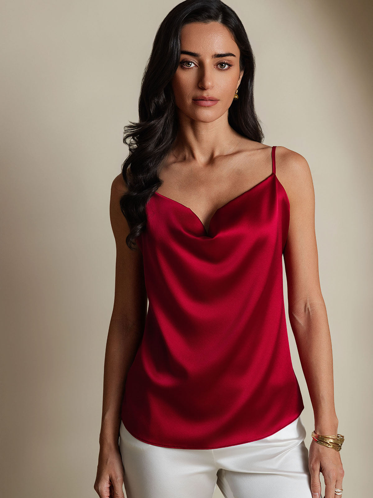 Silk Spaghetti Strap Cowl Neck Camisole Top