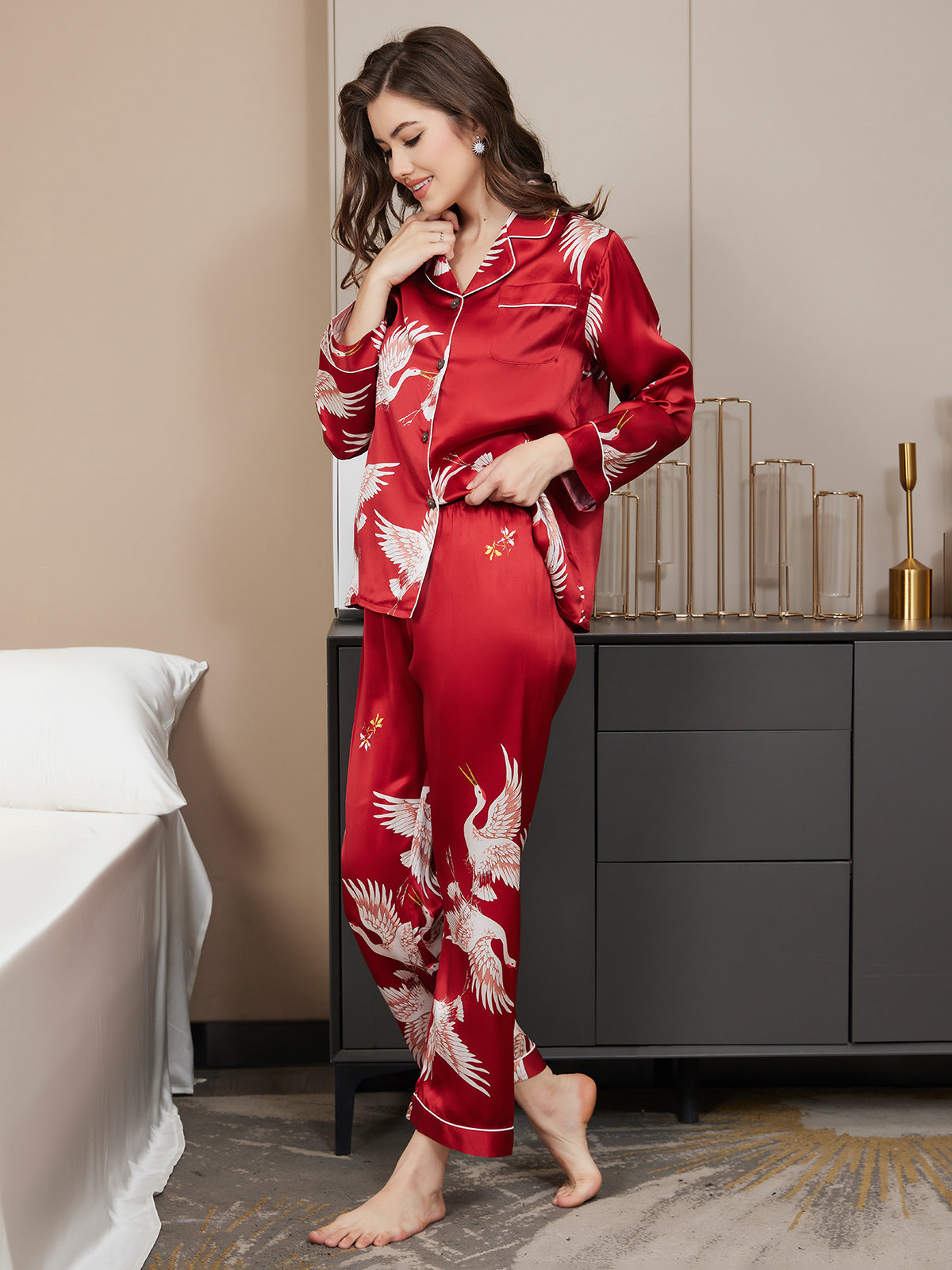 Women's 100% Mulberry Silk Crane Print Full Length Pajama Set