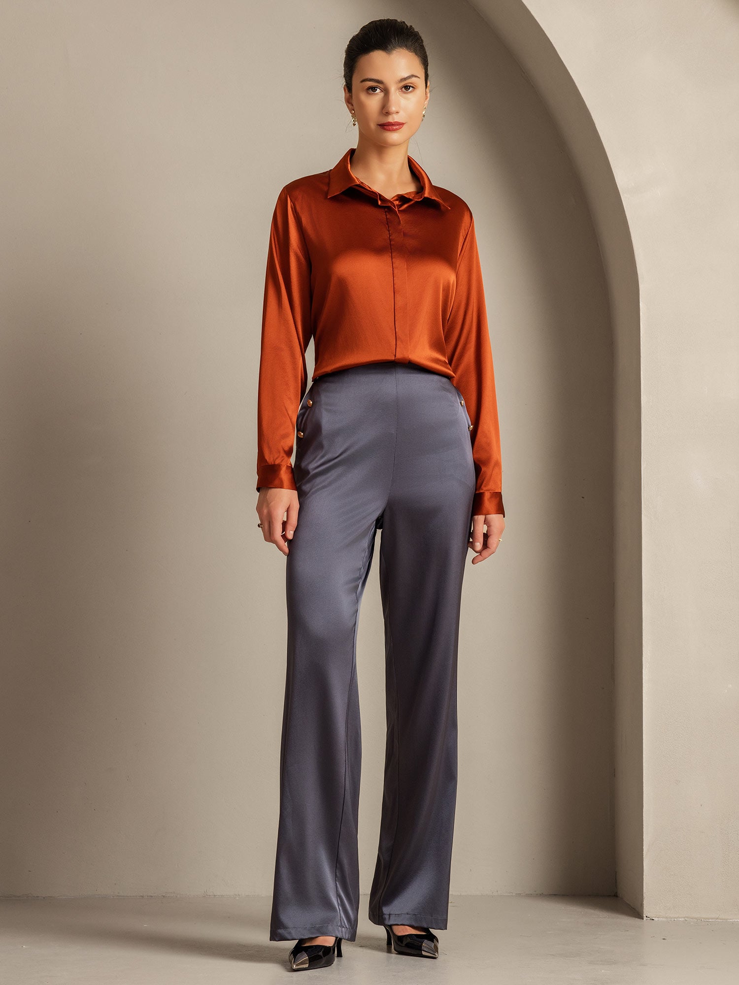 Silk Long Sleeve Lapel Collar Women's Shirt