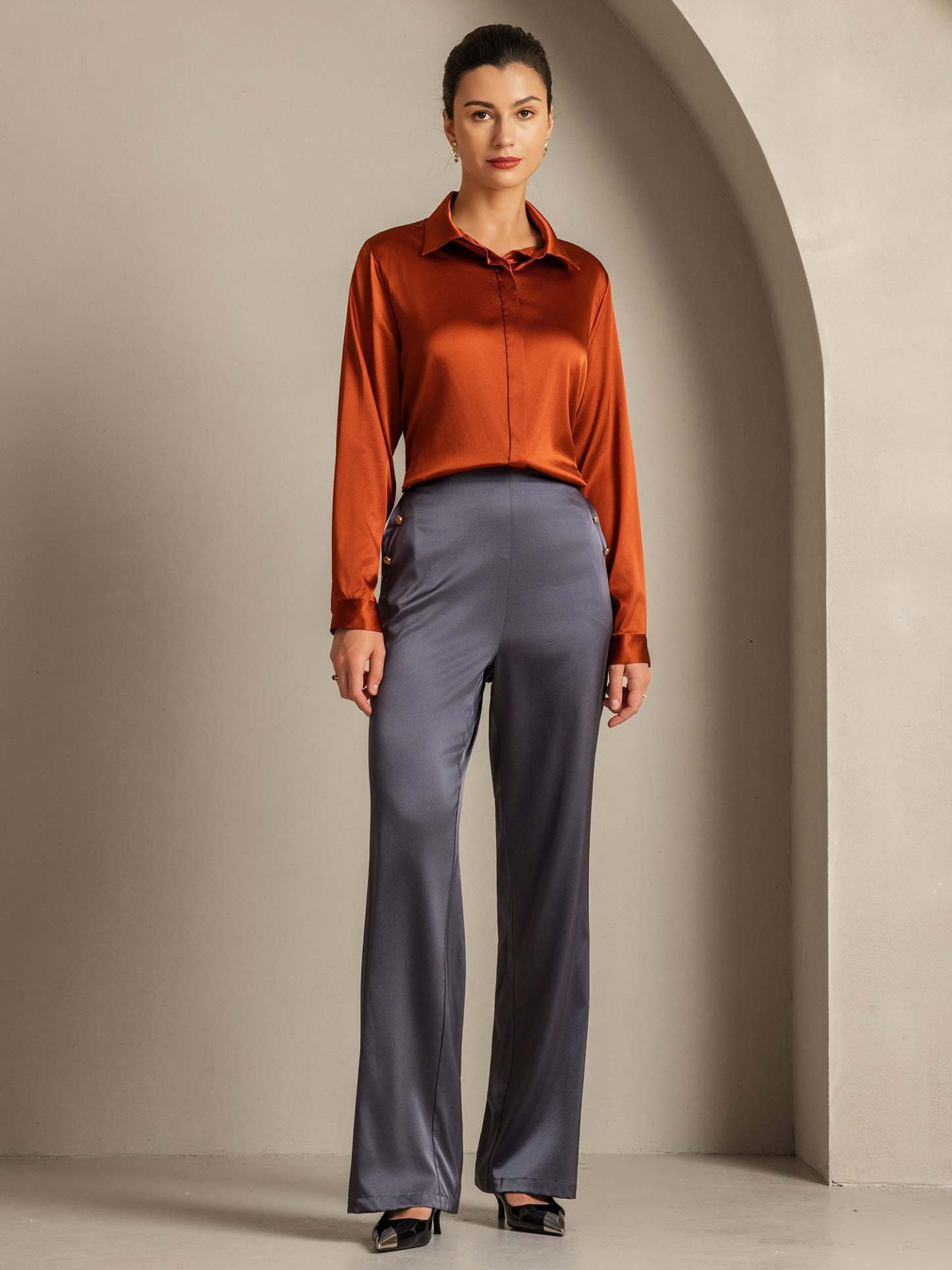 Silk Long Sleeve Lapel Collar Women's Shirt