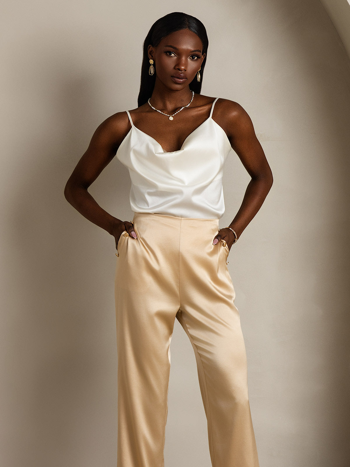 Silk Spaghetti Strap Cowl Neck Camisole Top