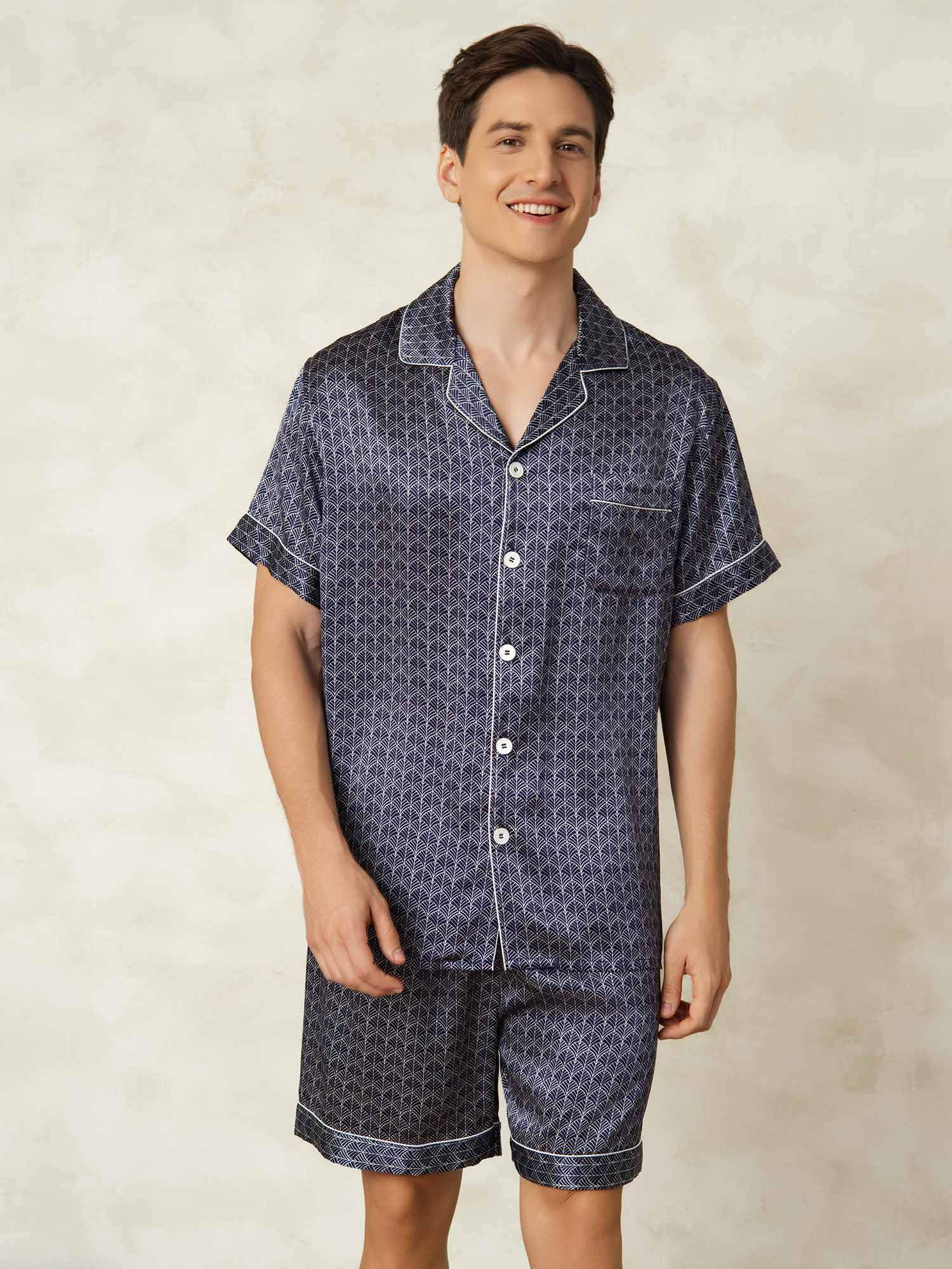 Pure Silk Geometric Pattern Men's Short Pajamas 2Pcs