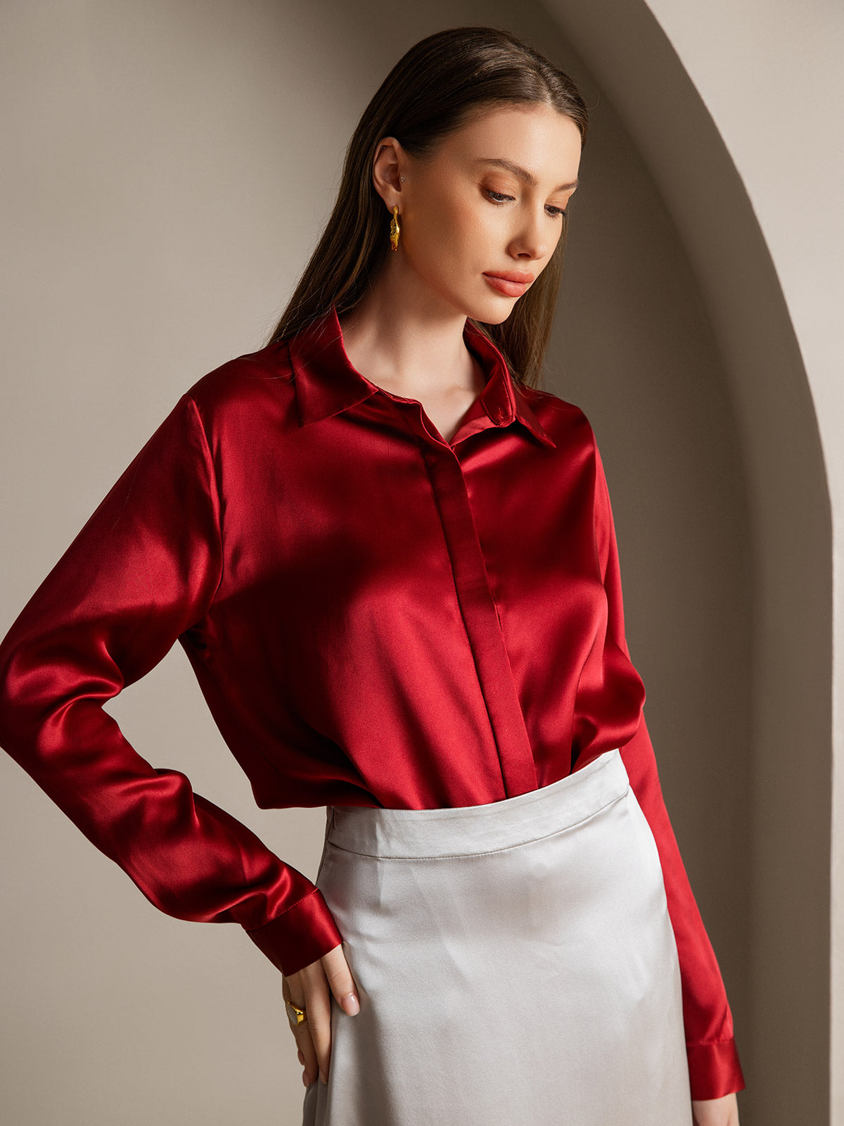 Silk Long Sleeve Lapel Collar Women's Shirt