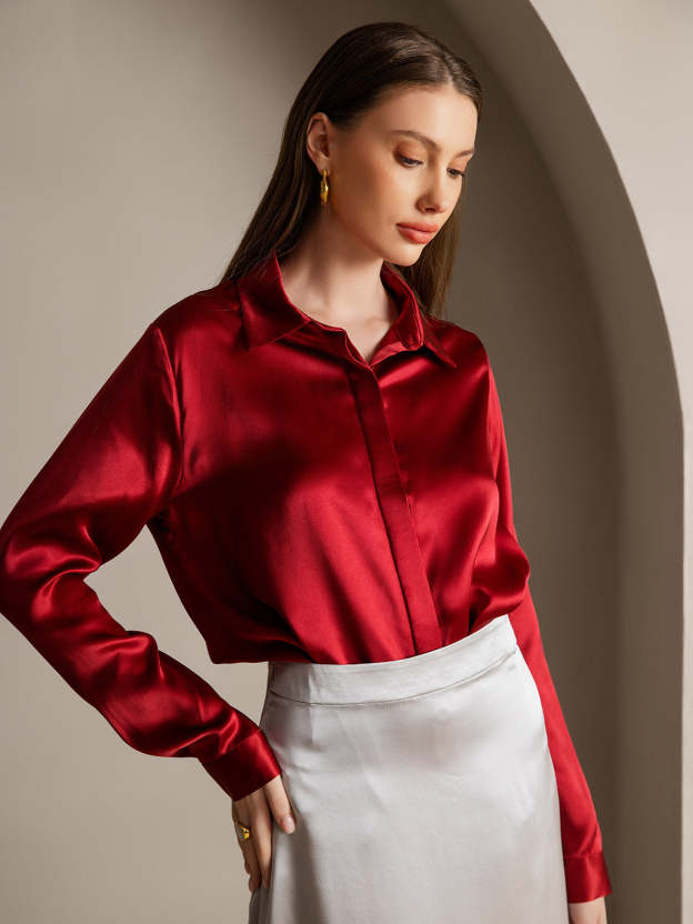 Silk Long Sleeve Lapel Collar Women's Shirt