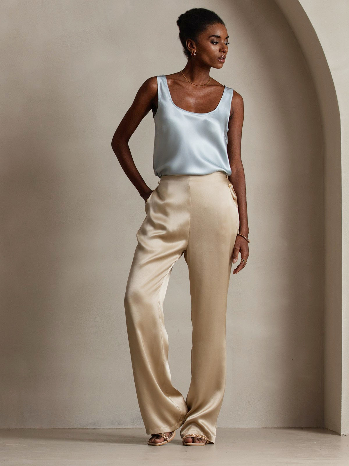 Women's Silk High Waist Pants with Back Elastic Waist Design