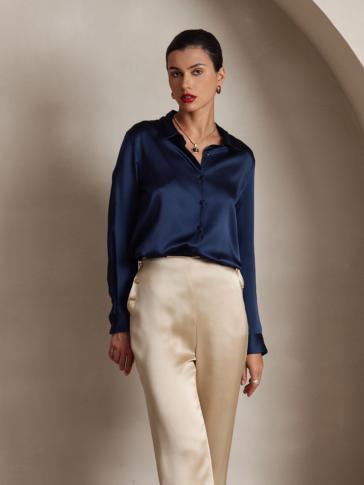 Women's Silk High Waist Pants with Back Elastic Waist Design