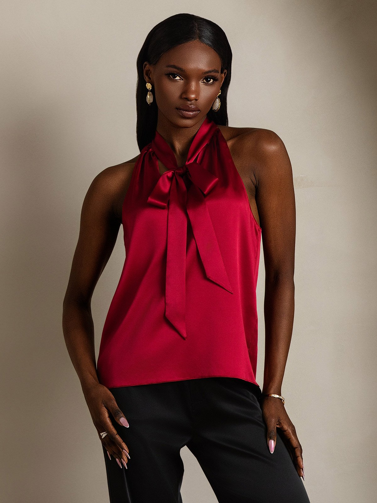 Silk Sleeveless Tie Neck Blouse