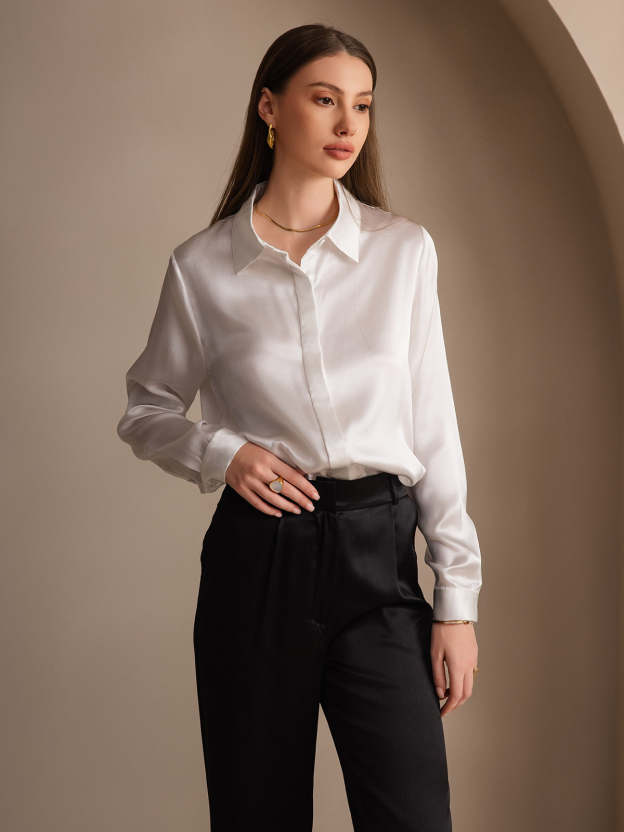 Silk Long Sleeve Lapel Collar Women's Shirt